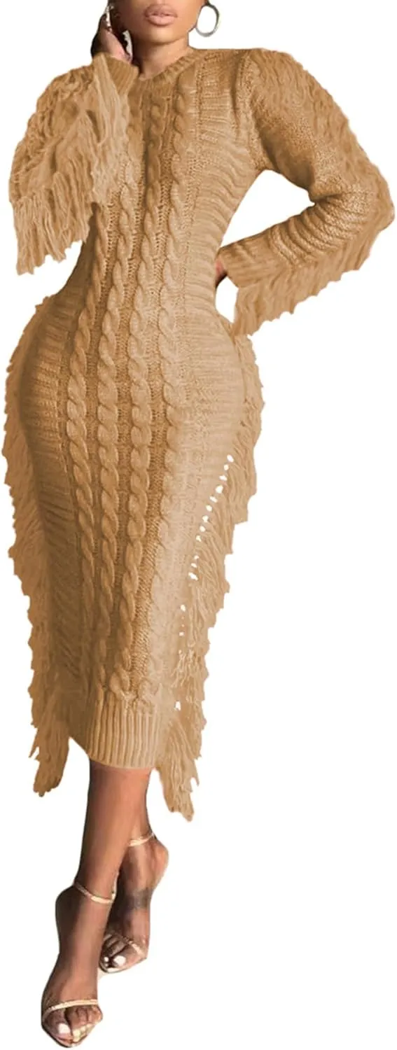 Sexyshine Women's Cable Knit Fringe Sweater Dress Long Sleeve Round Neck Tassel Trim A Line Midi Sweater Dresses