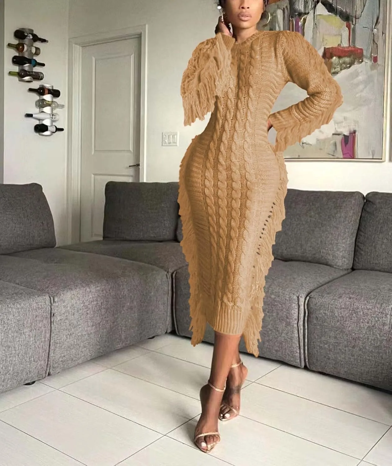 Sexyshine Women's Cable Knit Fringe Sweater Dress Long Sleeve Round Neck Tassel Trim A Line Midi Sweater Dresses