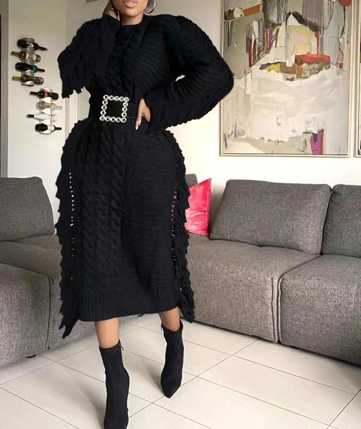 Sexyshine Women's Cable Knit Fringe Sweater Dress Long Sleeve Round Neck Tassel Trim A Line Midi Sweater Dresses