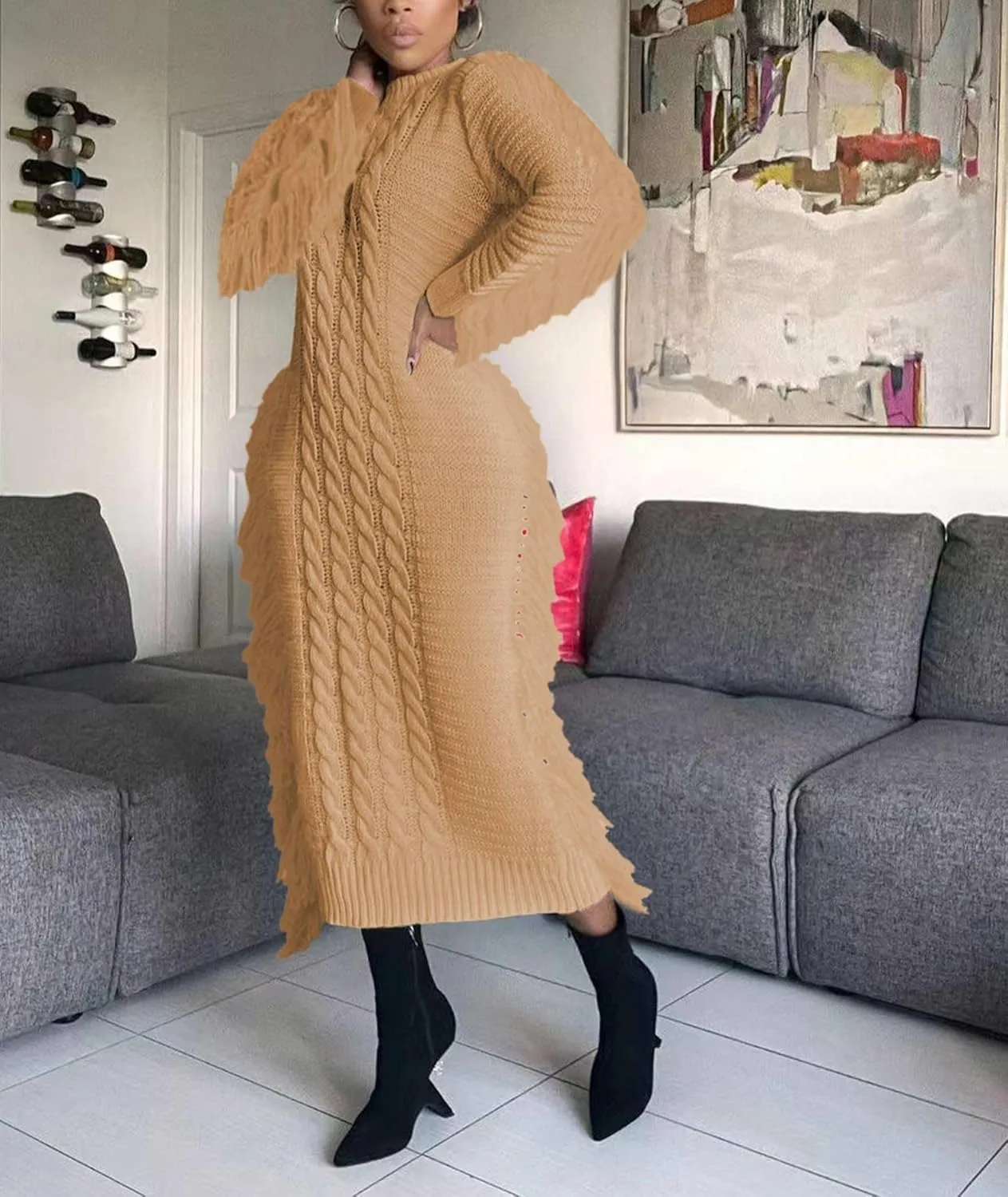 Sexyshine Women's Cable Knit Fringe Sweater Dress Long Sleeve Round Neck Tassel Trim A Line Midi Sweater Dresses
