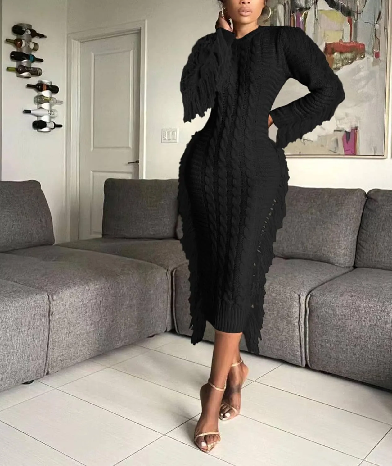 Sexyshine Women's Cable Knit Fringe Sweater Dress Long Sleeve Round Neck Tassel Trim A Line Midi Sweater Dresses