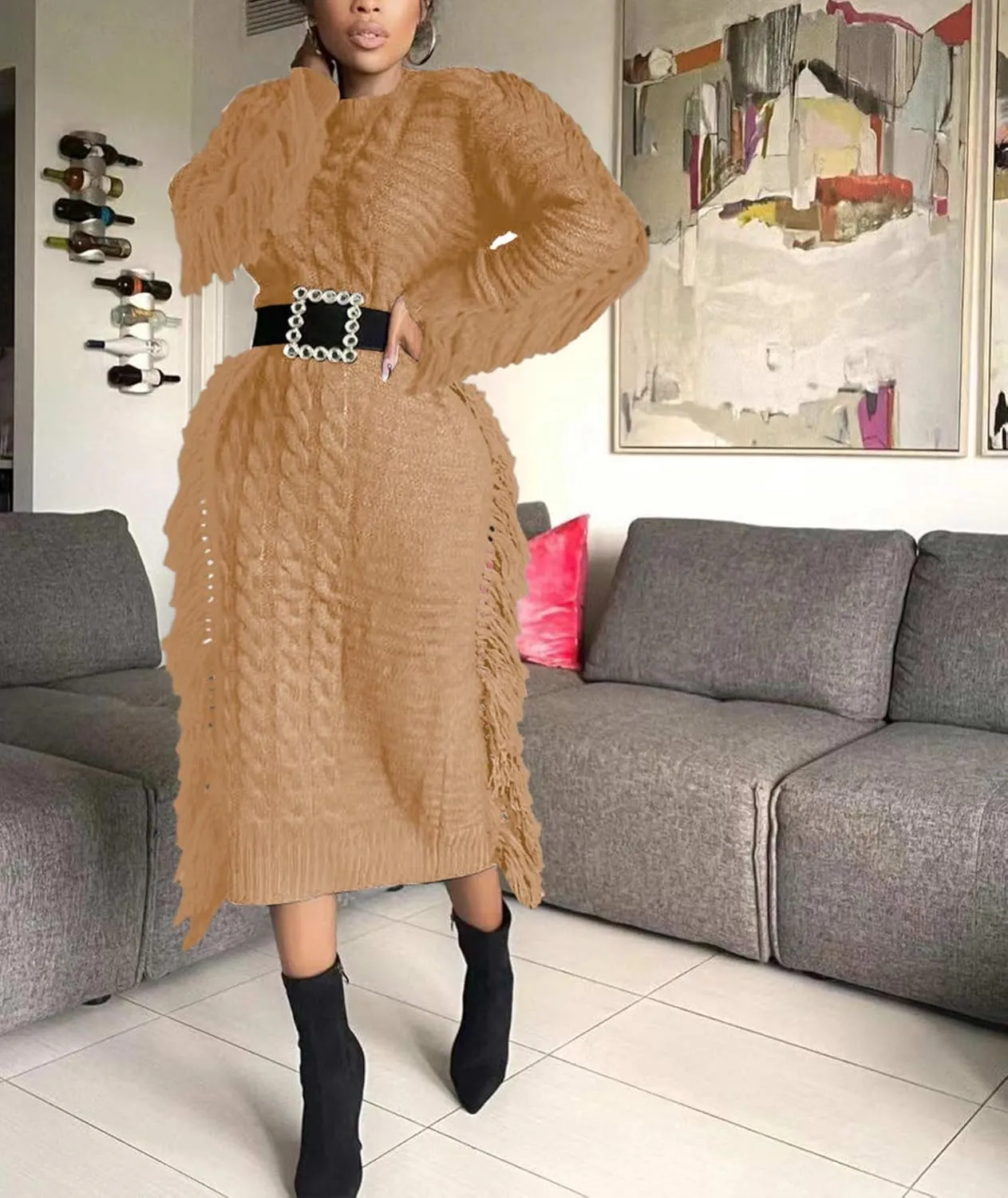 Sexyshine Women's Cable Knit Fringe Sweater Dress Long Sleeve Round Neck Tassel Trim A Line Midi Sweater Dresses