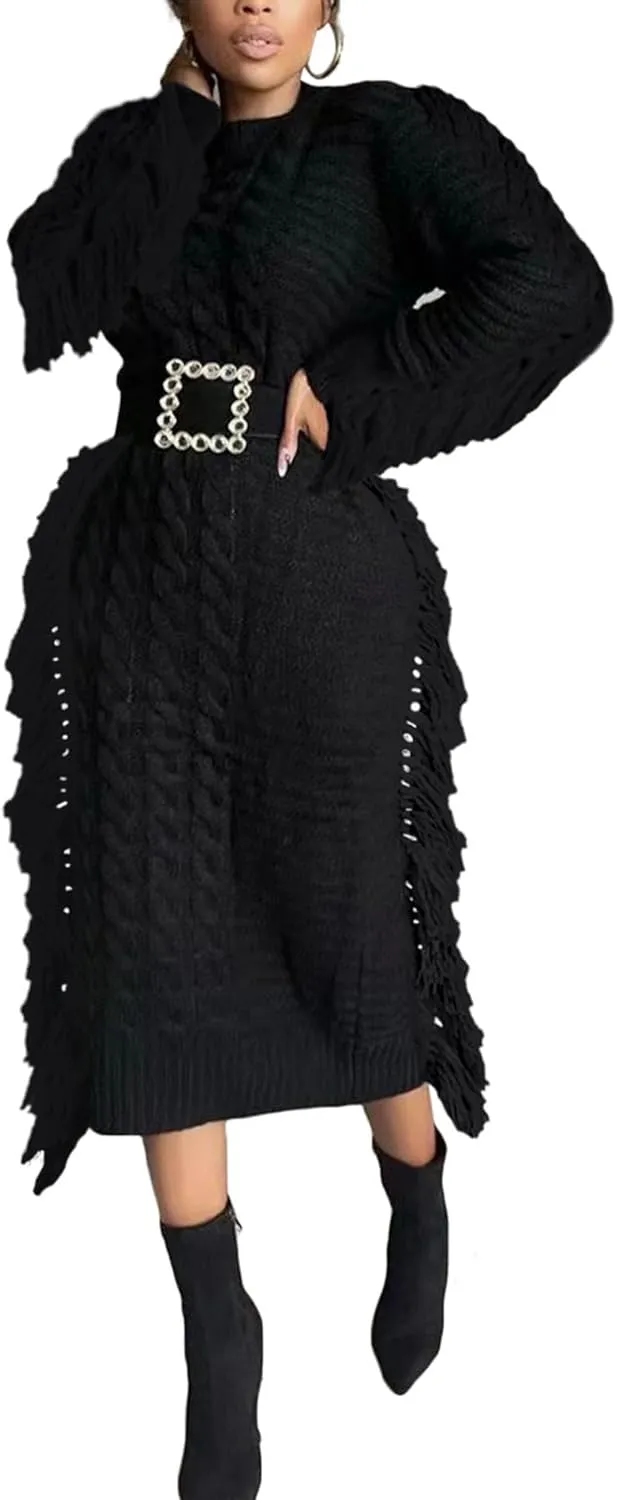 Sexyshine Women's Cable Knit Fringe Sweater Dress Long Sleeve Round Neck Tassel Trim A Line Midi Sweater Dresses