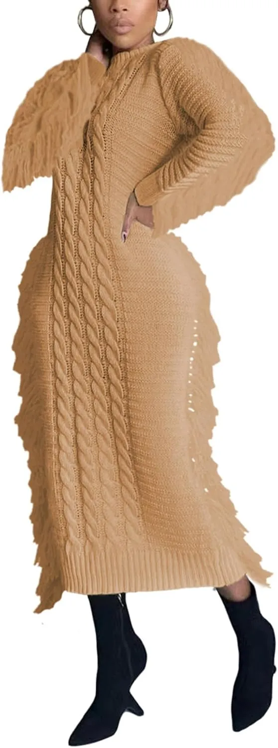 Sexyshine Women's Cable Knit Fringe Sweater Dress Long Sleeve Round Neck Tassel Trim A Line Midi Sweater Dresses