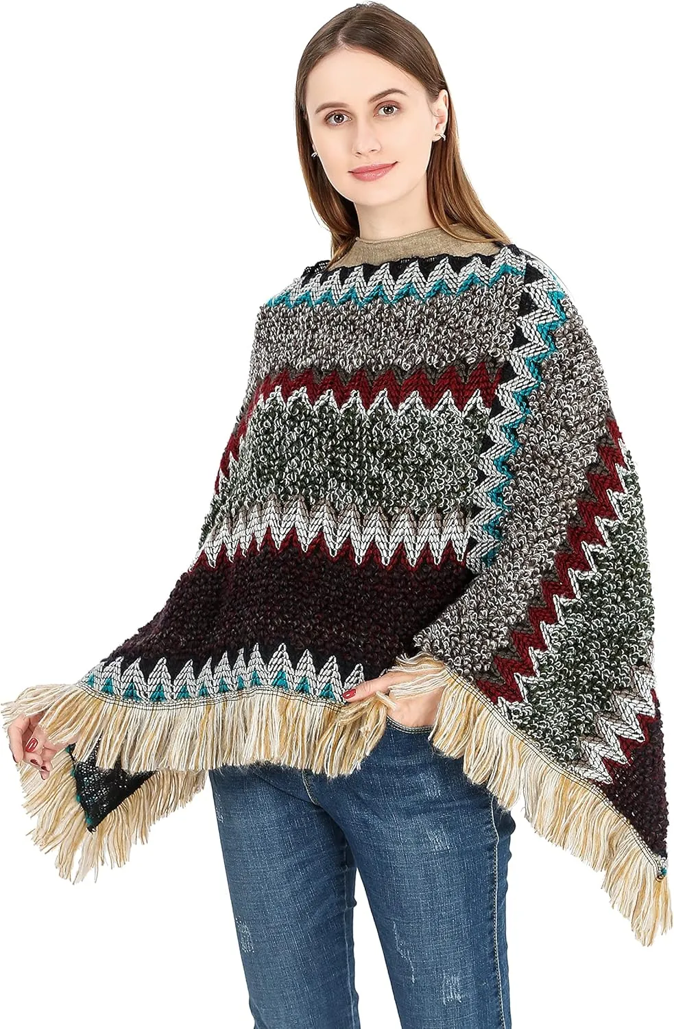 SherryDC Women's Zig-Zag Knit Tassel Fringed Pullover Poncho Sweater Cape Shawl Wrap