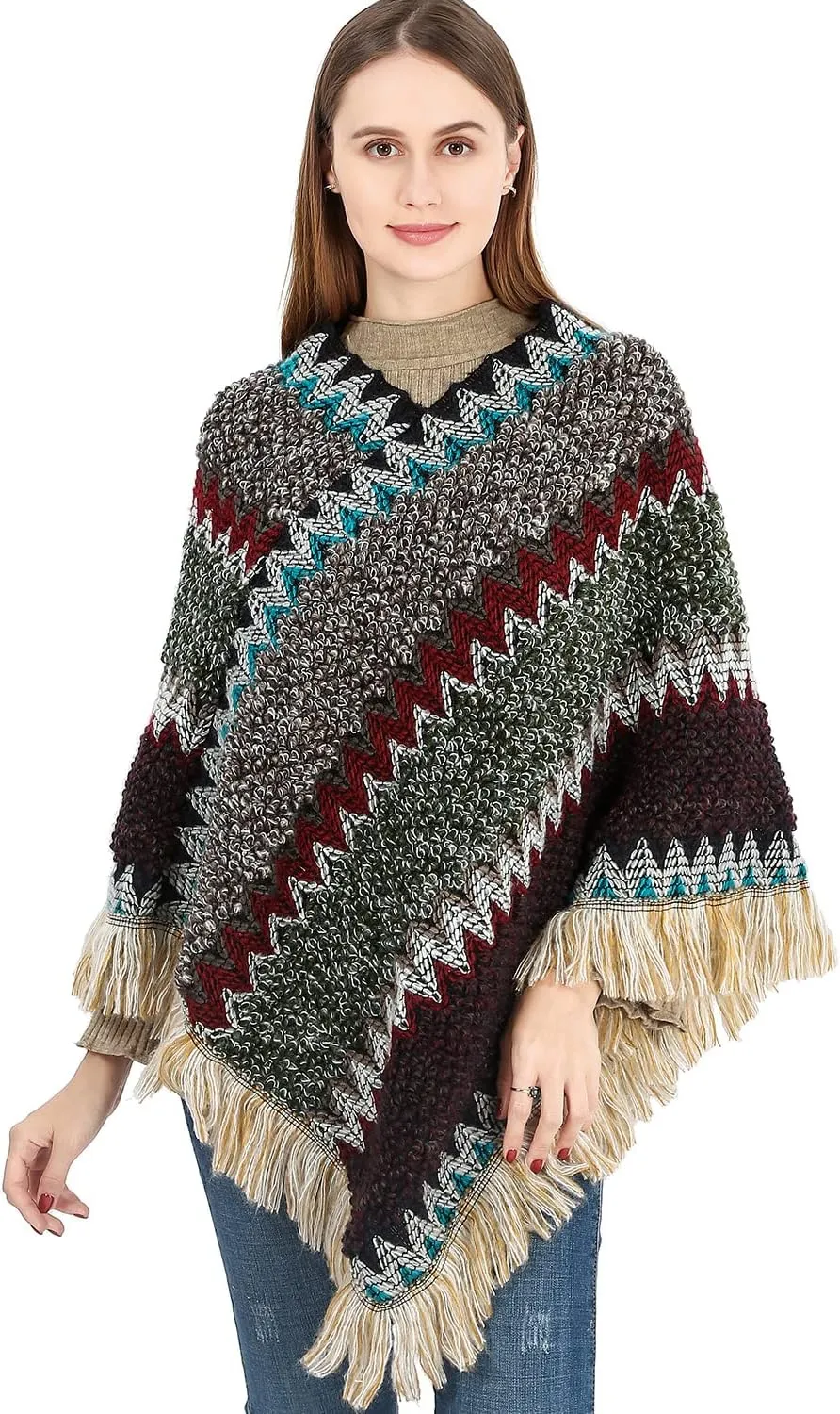 SherryDC Women's Zig-Zag Knit Tassel Fringed Pullover Poncho Sweater Cape Shawl Wrap