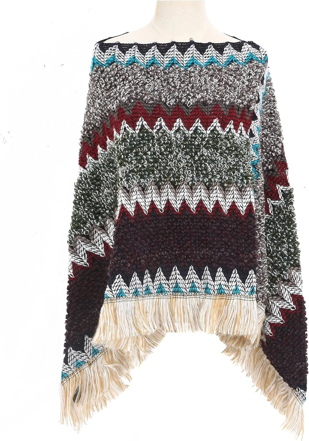 SherryDC Women's Zig-Zag Knit Tassel Fringed Pullover Poncho Sweater Cape Shawl Wrap
