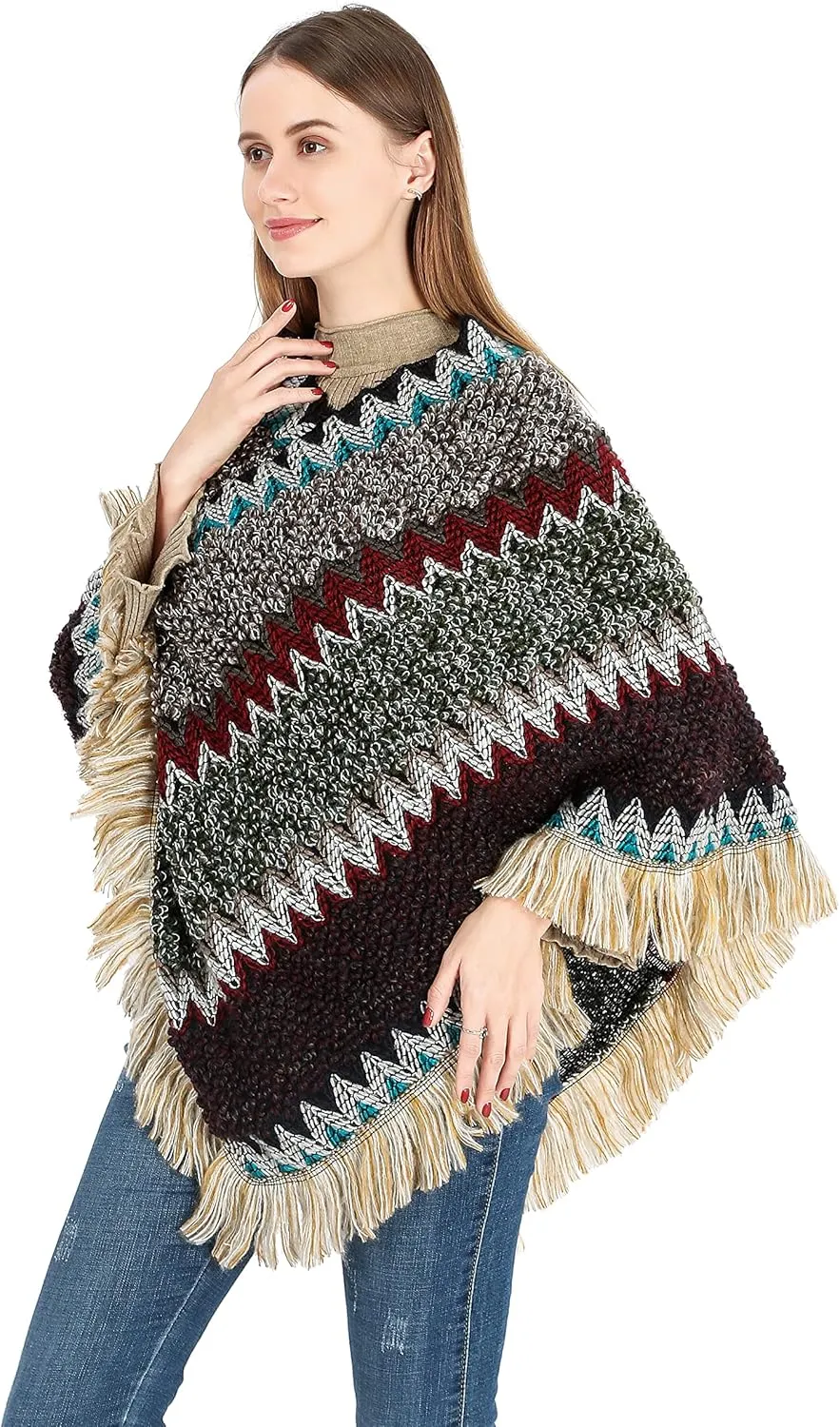 SherryDC Women's Zig-Zag Knit Tassel Fringed Pullover Poncho Sweater Cape Shawl Wrap