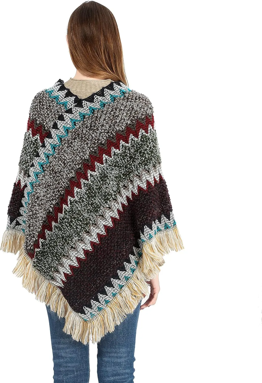 SherryDC Women's Zig-Zag Knit Tassel Fringed Pullover Poncho Sweater Cape Shawl Wrap