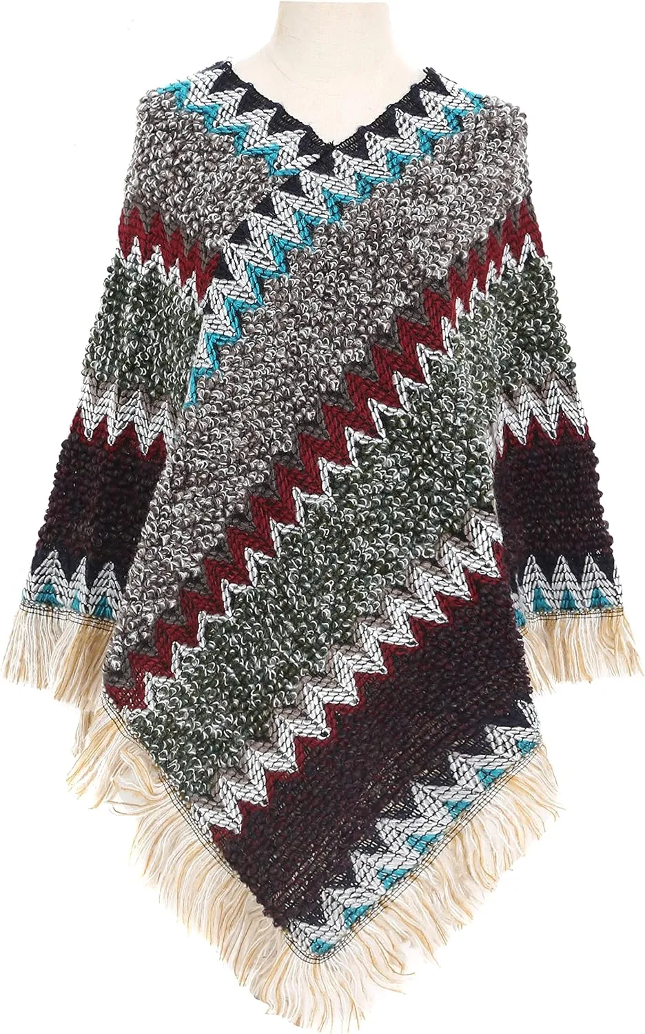 SherryDC Women's Zig-Zag Knit Tassel Fringed Pullover Poncho Sweater Cape Shawl Wrap