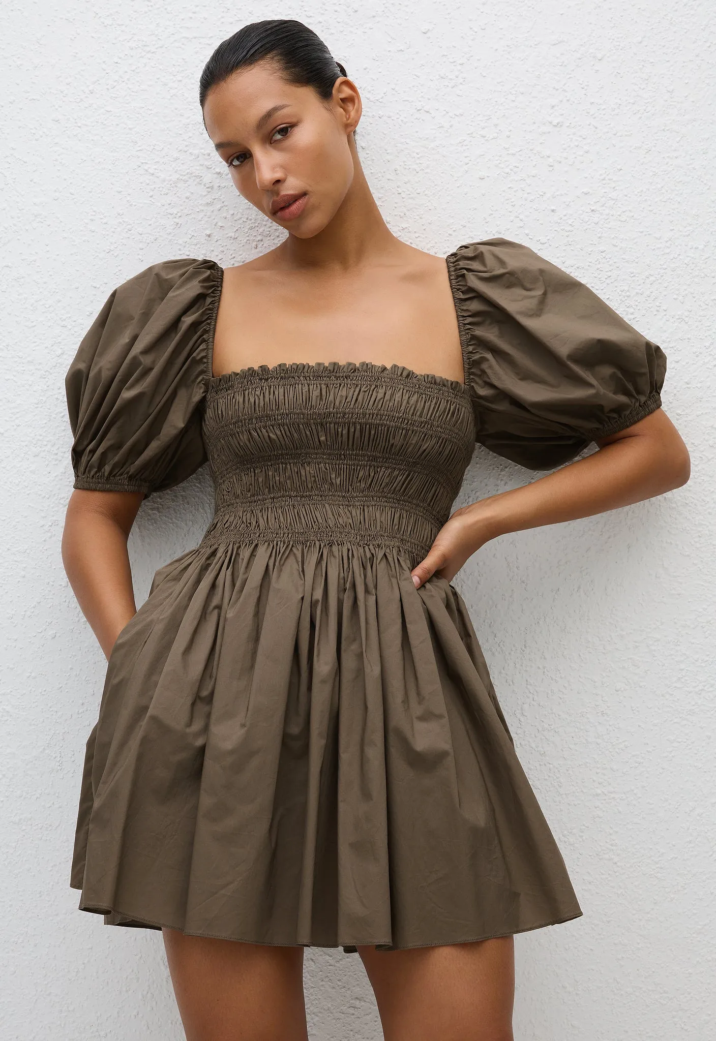 Shirred Peasant Mini Dress - Birch