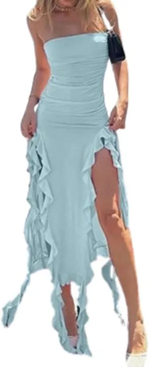Summer Ruffle Tube Dress Birthday for Women Strapless Y2K Ruched Slit Thigh Bodycon Tassel Dress
