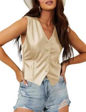 Sunborui Women's Faux Leather Vest Dressy Sleeveless V Neck Button Down Lined Suit Jacket Waistcoat Versatile Vests
