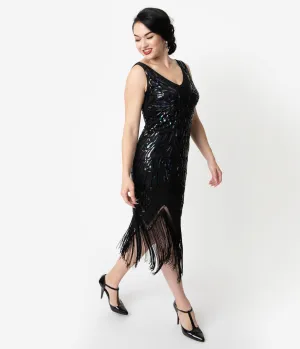 Unique Vintage Black Iridescent Sequin Sleeveless Marion Flapper Dress