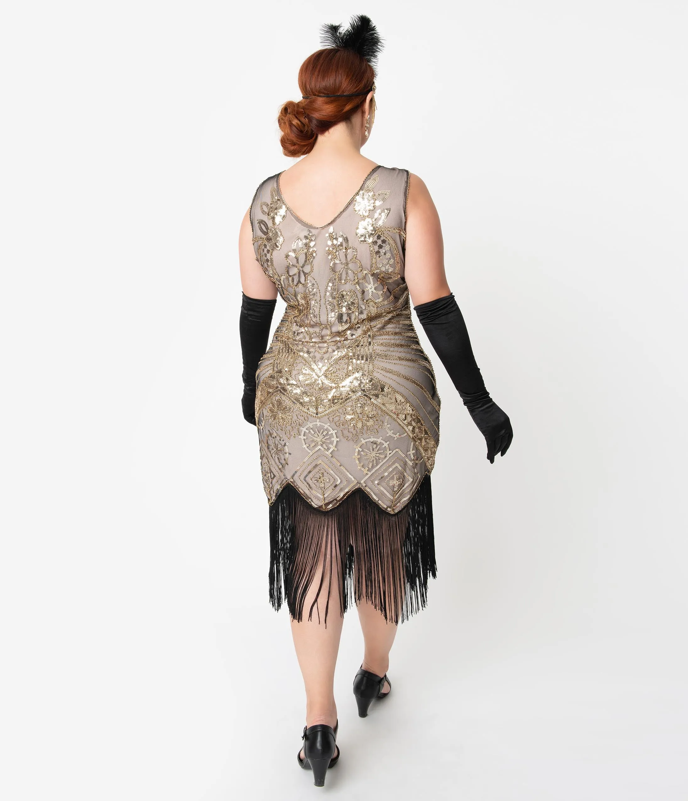Unique Vintage Plus Size 1920s Champagne Gold Beaded & Fringe Charvelle Flapper Dress