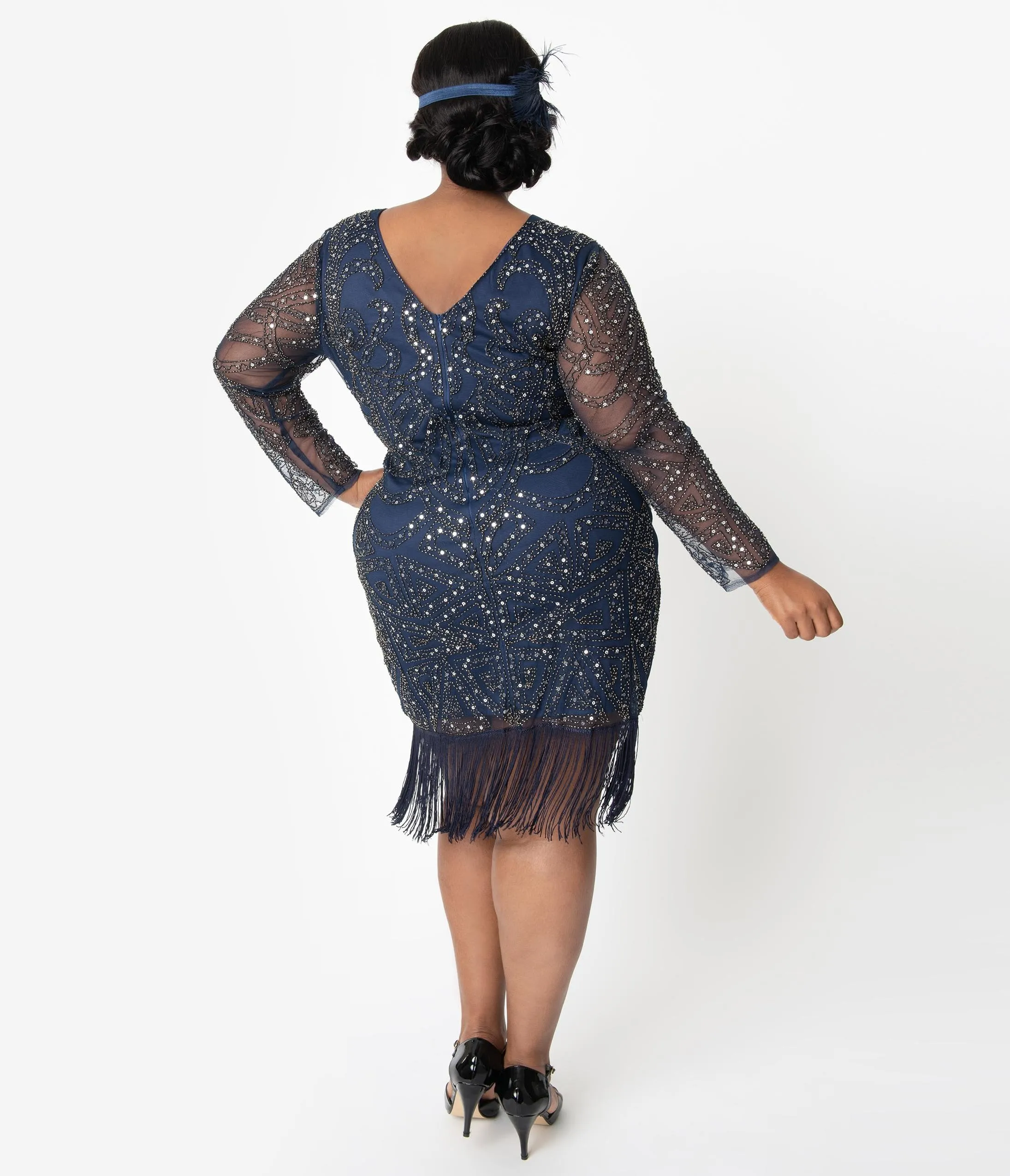 Unique Vintage Plus Size 1920s Navy & Silver Sequin Long Sleeve Fringe Marchelle Cocktail Dress
