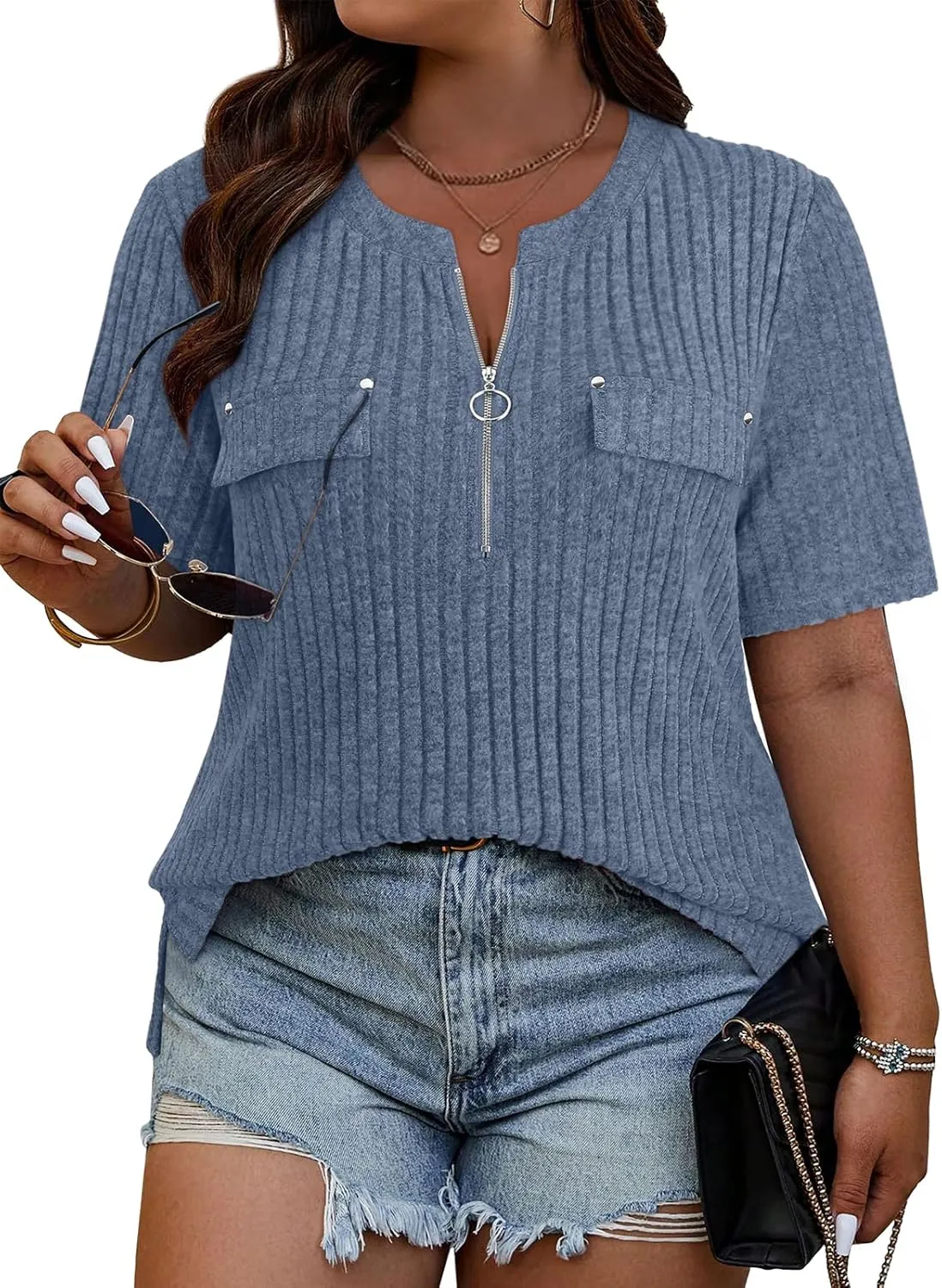 Viracy Plus Size Womens Tops 1/4 Zip Up Casual Shirts Lightweight Short Sleeve Tunics