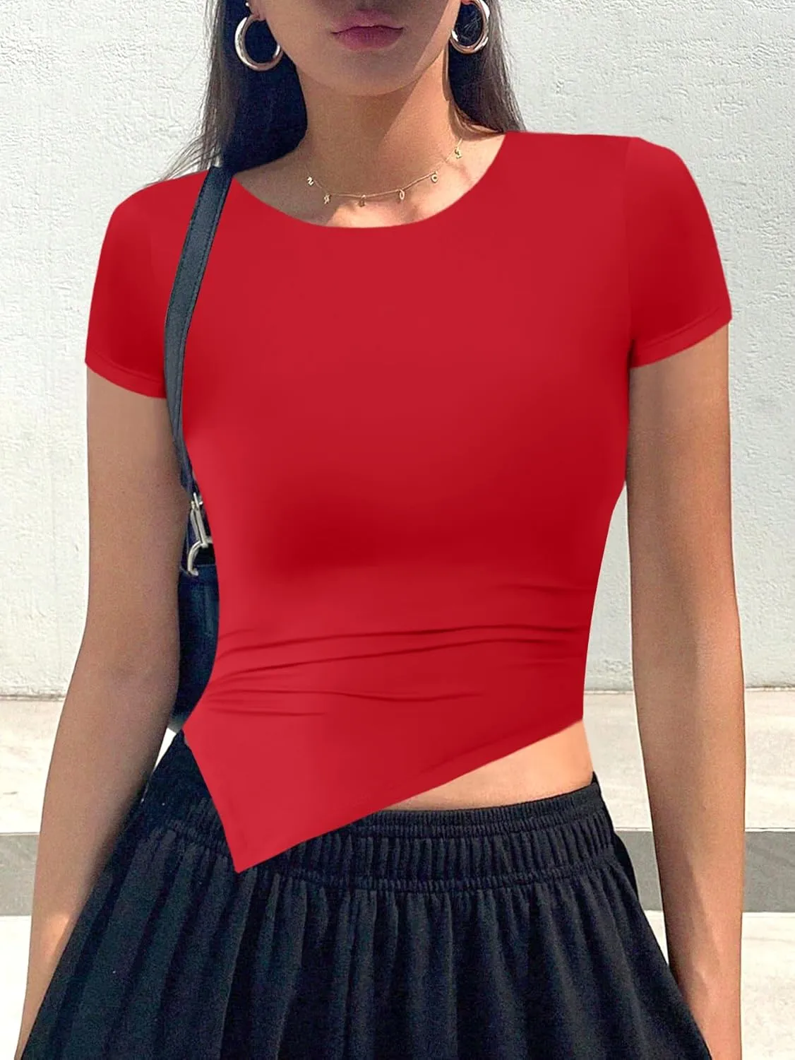 WAYMAKER Women Short Sleeve Ruched Gym Shirts Crew Neck Athletic Trendy Going Out Crop Tops 2 Pack