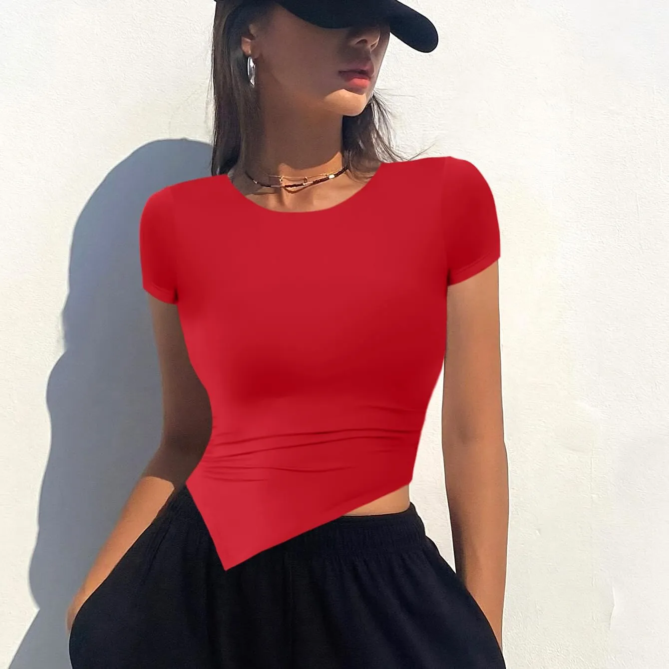 WAYMAKER Women Short Sleeve Ruched Gym Shirts Crew Neck Athletic Trendy Going Out Crop Tops 2 Pack