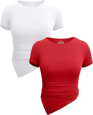 WAYMAKER Women Short Sleeve Ruched Gym Shirts Crew Neck Athletic Trendy Going Out Crop Tops 2 Pack