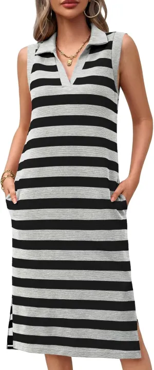 Wenrine Women's Striped Summer Dress Casual Polo V Neck Sleeveless Slit Loose Fit T Shirt Midi Dresses