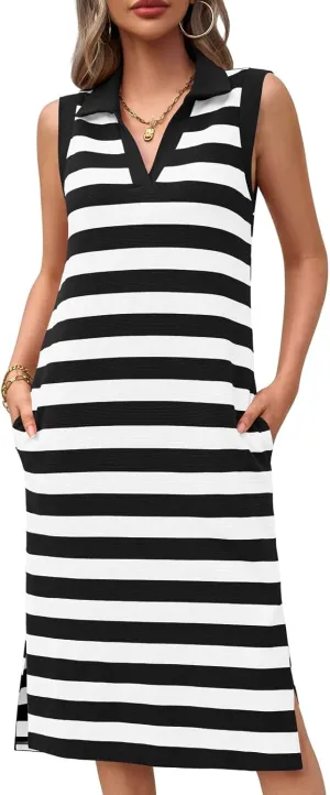 Wenrine Women's Striped Summer Dress Casual Polo V Neck Sleeveless Slit Loose Fit T Shirt Midi Dresses