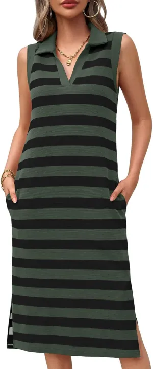 Wenrine Women's Striped Summer Dress Casual Polo V Neck Sleeveless Slit Loose Fit T Shirt Midi Dresses