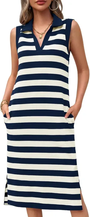 Wenrine Women's Striped Summer Dress Casual Polo V Neck Sleeveless Slit Loose Fit T Shirt Midi Dresses