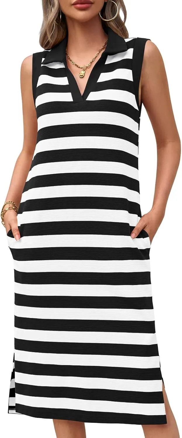 Wenrine Women's Striped Summer Dress Casual Polo V Neck Sleeveless Slit Loose Fit T Shirt Midi Dresses