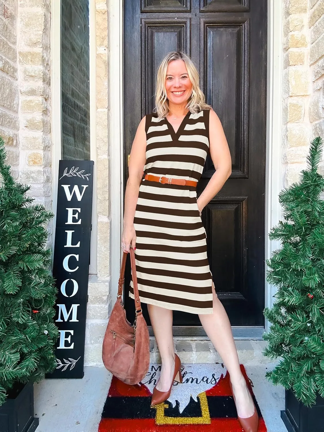 Wenrine Women's Striped Summer Dress Casual Polo V Neck Sleeveless Slit Loose Fit T Shirt Midi Dresses