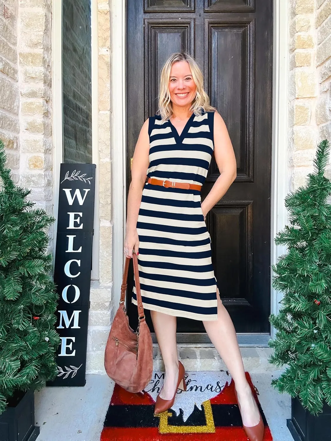Wenrine Women's Striped Summer Dress Casual Polo V Neck Sleeveless Slit Loose Fit T Shirt Midi Dresses