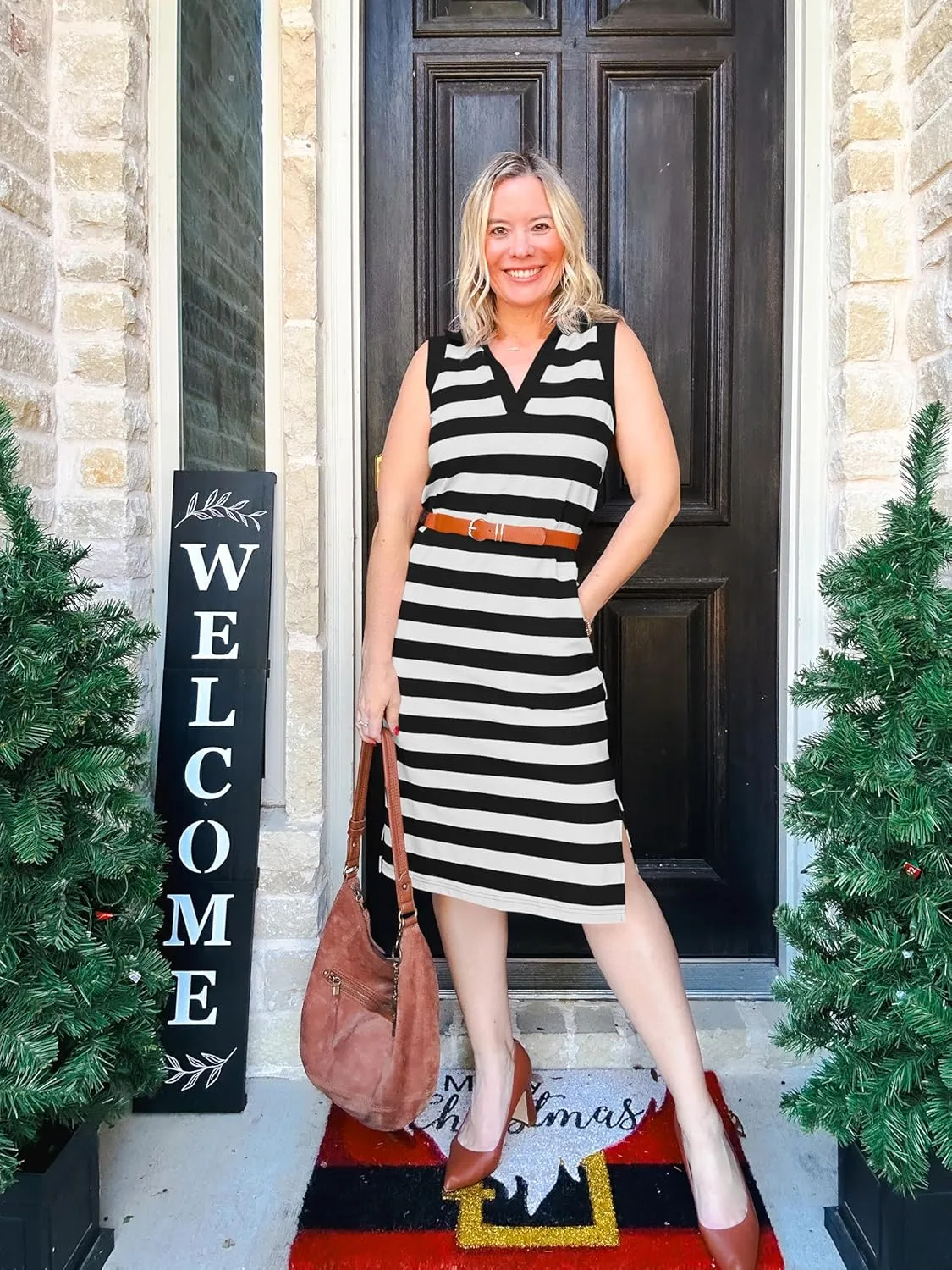 Wenrine Women's Striped Summer Dress Casual Polo V Neck Sleeveless Slit Loose Fit T Shirt Midi Dresses