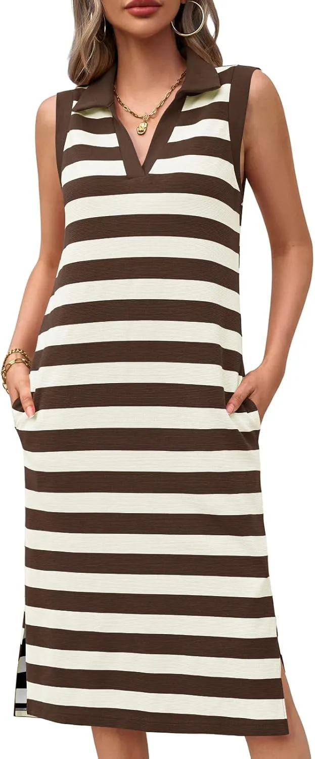 Wenrine Women's Striped Summer Dress Casual Polo V Neck Sleeveless Slit Loose Fit T Shirt Midi Dresses