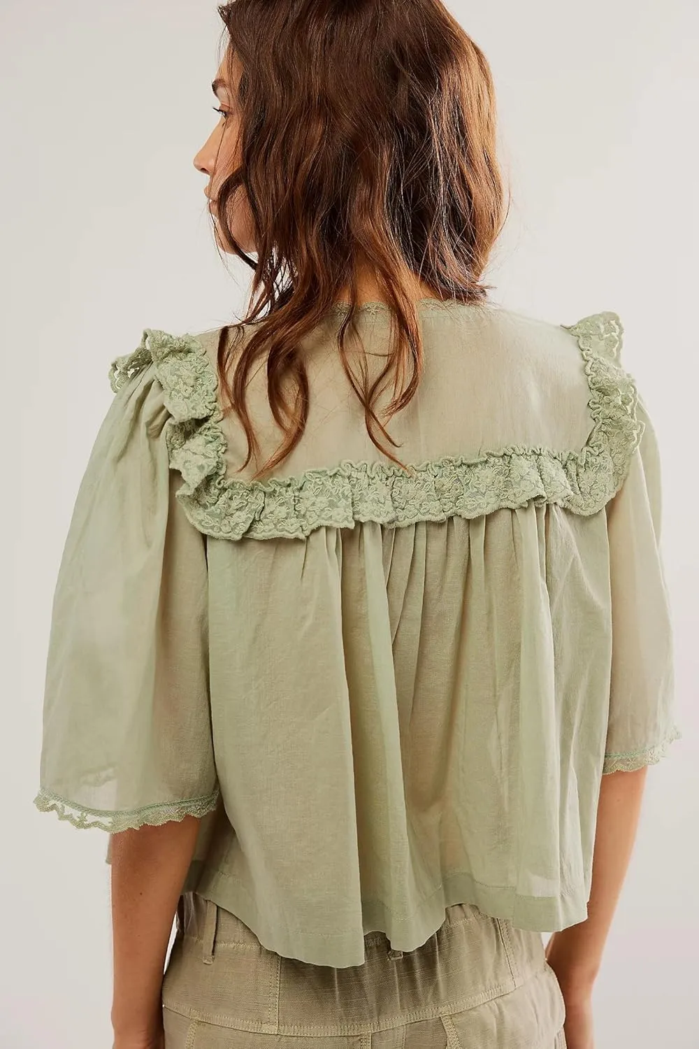 Women Boho Lace Ruffle Trim Shirt Cute Sheer Button Down Peasant Blouse Beachy Flowy Short Sleeve Chiffon Crop Tops