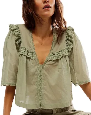 Women Boho Lace Ruffle Trim Shirt Cute Sheer Button Down Peasant Blouse Beachy Flowy Short Sleeve Chiffon Crop Tops