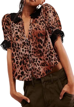 Women Boho Lace Ruffle Trim Shirt Cute Sheer Button Down Peasant Blouse Beachy Flowy Short Sleeve Chiffon Crop Tops