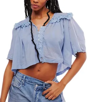 Women Boho Lace Ruffle Trim Shirt Cute Sheer Button Down Peasant Blouse Beachy Flowy Short Sleeve Chiffon Crop Tops