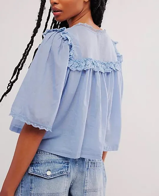 Women Boho Lace Ruffle Trim Shirt Cute Sheer Button Down Peasant Blouse Beachy Flowy Short Sleeve Chiffon Crop Tops