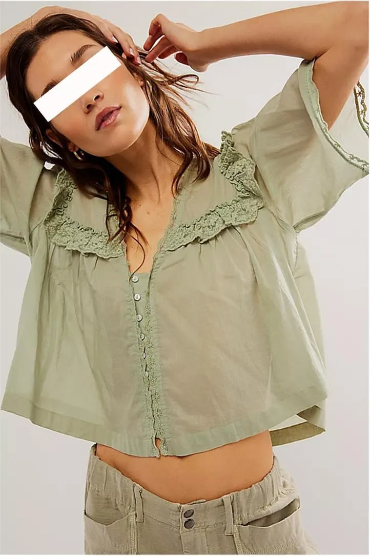 Women Boho Lace Ruffle Trim Shirt Cute Sheer Button Down Peasant Blouse Beachy Flowy Short Sleeve Chiffon Crop Tops