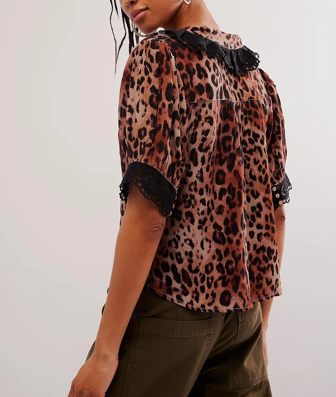 Women Boho Lace Ruffle Trim Shirt Cute Sheer Button Down Peasant Blouse Beachy Flowy Short Sleeve Chiffon Crop Tops