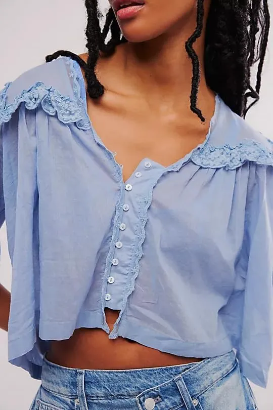 Women Boho Lace Ruffle Trim Shirt Cute Sheer Button Down Peasant Blouse Beachy Flowy Short Sleeve Chiffon Crop Tops