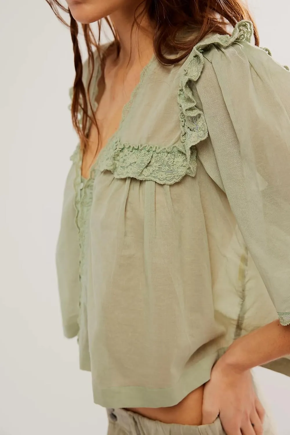 Women Boho Lace Ruffle Trim Shirt Cute Sheer Button Down Peasant Blouse Beachy Flowy Short Sleeve Chiffon Crop Tops