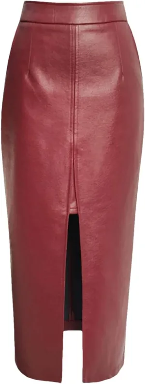 Women Faux Leather Pencil Skirt Women's Front Slit Pockets High Waist Midi Long Skirts
