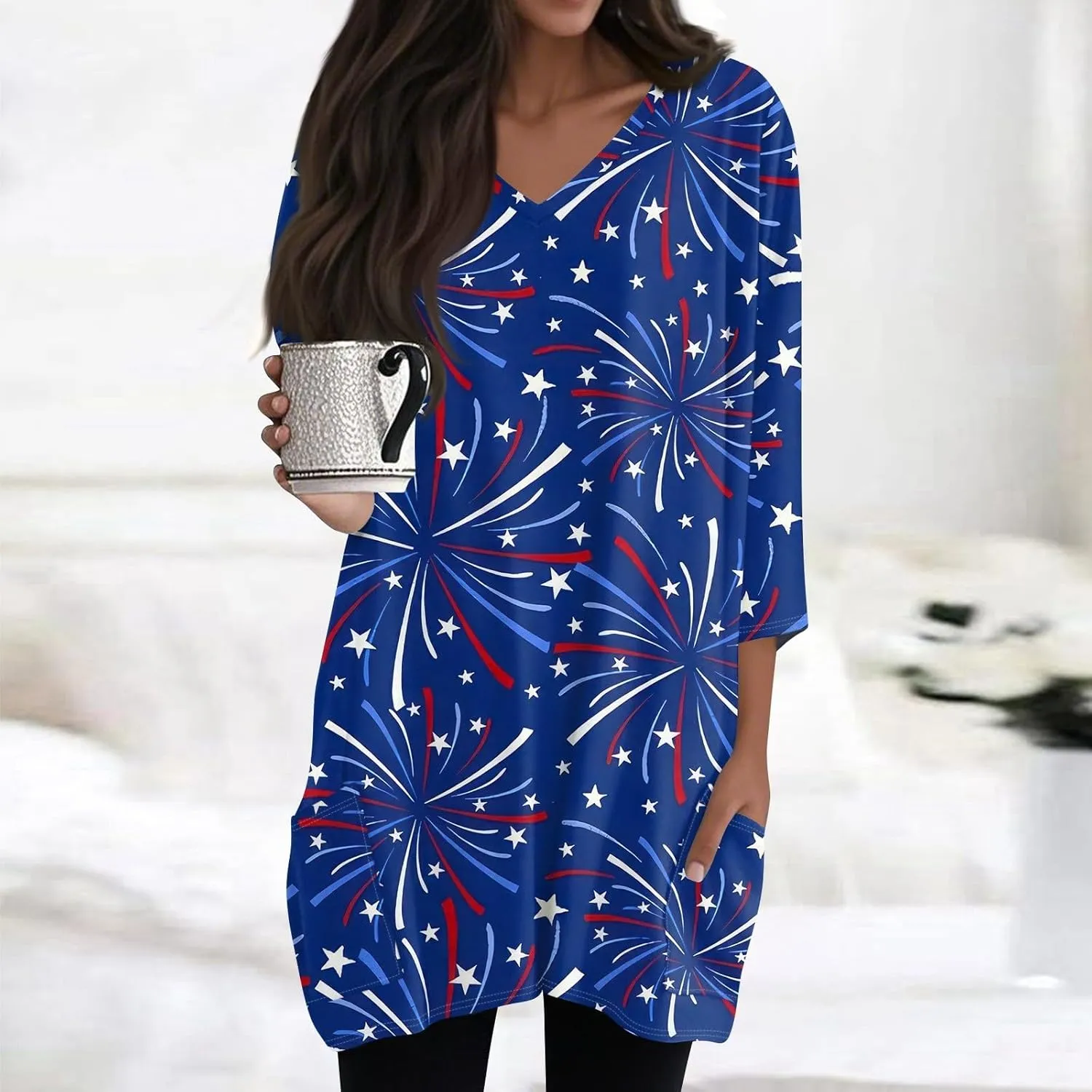 Women's 3/4 Sleeve Blouse Button Outfits V Neck Elegant American Flag Patriotic Comfy 4Th of July Dressy Tunic