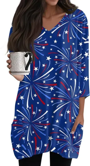 Women's 3/4 Sleeve Blouse Button Outfits V Neck Elegant American Flag Patriotic Comfy 4Th of July Dressy Tunic