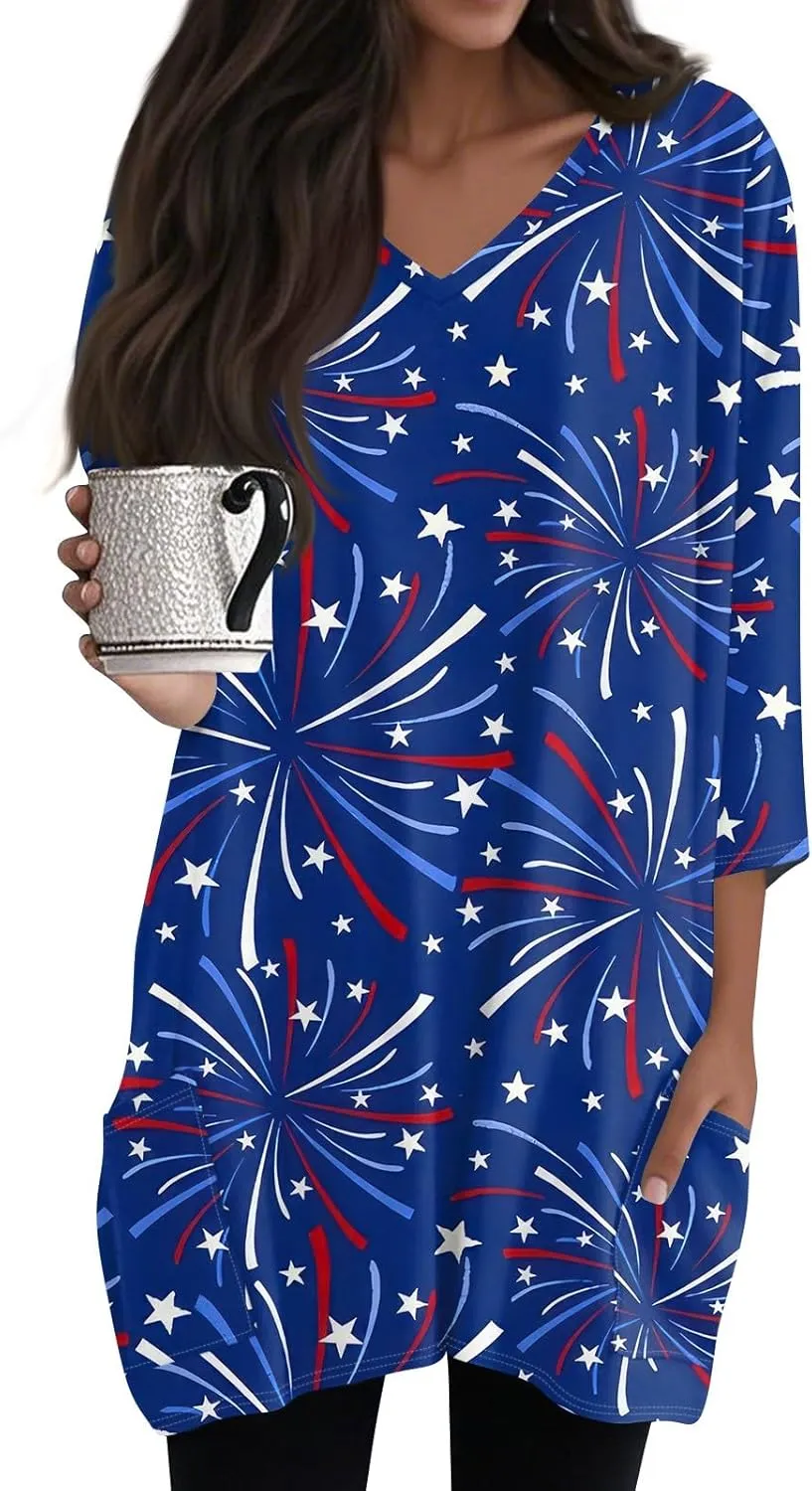 Women's 3/4 Sleeve Blouse Button Outfits V Neck Elegant American Flag Patriotic Comfy 4Th of July Dressy Tunic
