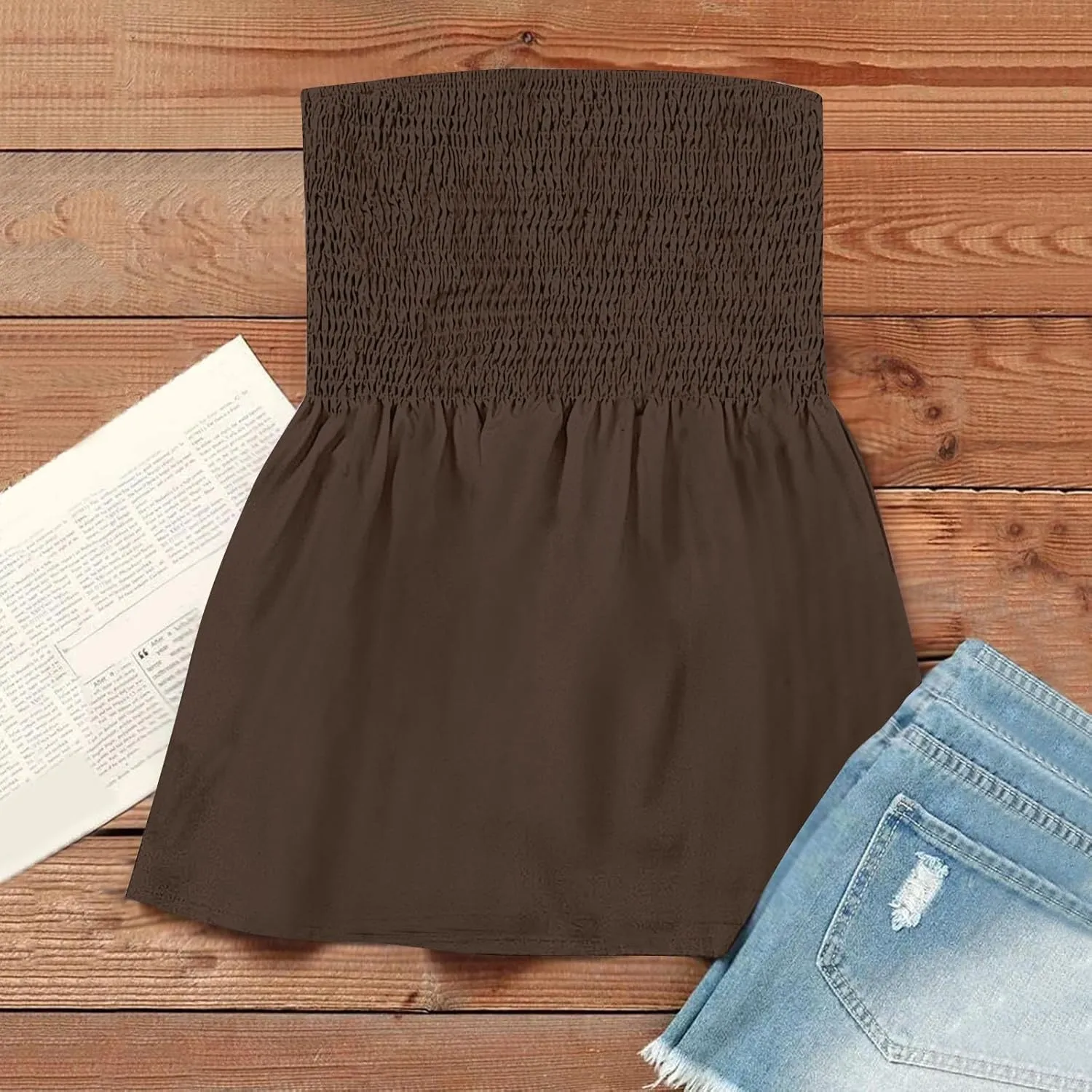 Womens Boho Peplum Tube Top Strapless Smocked Bandeau Babydoll Beach Tank Tops Bustier Mini Dress Fashion 2025