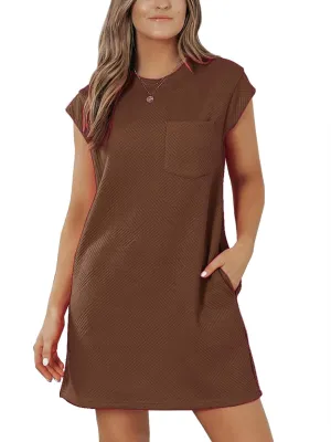 Womens Casual Crewneck Cap Sleeve Textured Mini Tshirt Shift Dress with Pockets