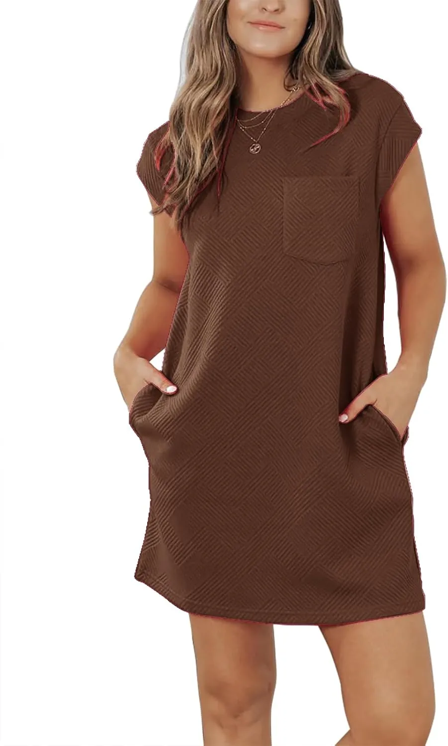 Womens Casual Crewneck Cap Sleeve Textured Mini Tshirt Shift Dress with Pockets