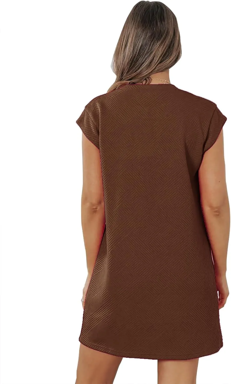 Womens Casual Crewneck Cap Sleeve Textured Mini Tshirt Shift Dress with Pockets